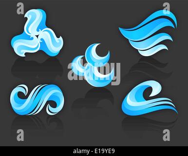 Set di acque turchesi icone - con la riflessione su sfondo nero Illustrazione Vettoriale