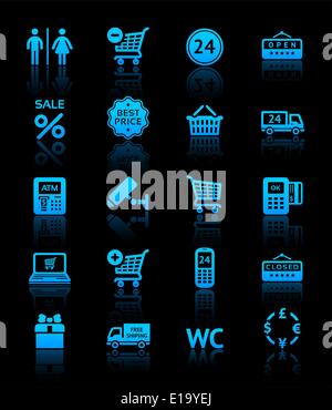 Impostare pittogrammi supermercato servizi, shopping icone blu Illustrazione Vettoriale