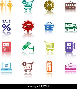 Impostare pittogrammi supermercato servizi, Shopping le icone a colori Illustrazione Vettoriale