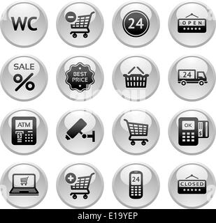 Impostare pittogrammi supermercato servizi, Shopping icone, grigio pulsanti rotondi Illustrazione Vettoriale