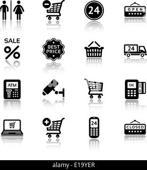 Impostare pittogrammi supermercato servizi, Shopping icone Illustrazione Vettoriale