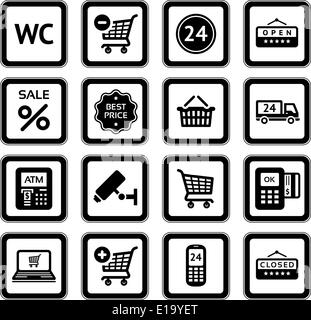 Impostare pittogrammi supermercato servizi, Shopping icone. Nero Illustrazione Vettoriale
