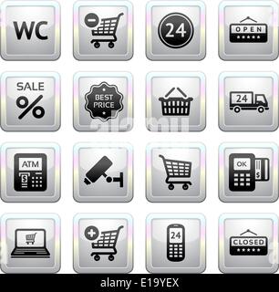 Impostare pittogrammi supermercato servizi, Shopping icone. Grigio. Web 2.0 icone Illustrazione Vettoriale