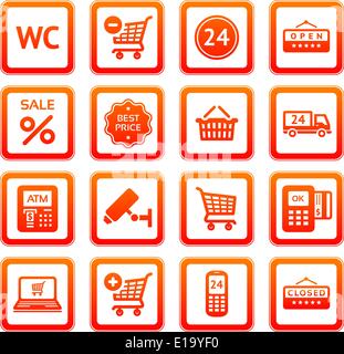 Impostare pittogrammi supermercato servizi, Shopping icone. Illustrazione Vettoriale