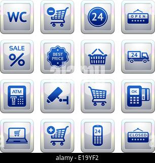 Impostare pittogrammi supermercato servizi, Shopping simboli. Blu. Web 2.0 icone Illustrazione Vettoriale