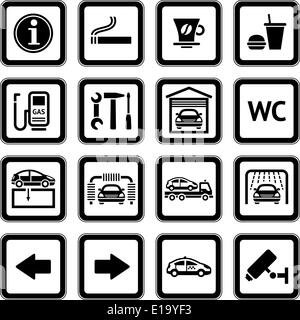 Impostare i pittogrammi. Servizi di auto. Stazione di gas. Simboli servizi stradali. Nero Illustrazione Vettoriale
