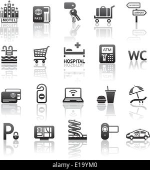Set di icone motel servizi. Pittogrammi servizi dell'hotel. La riflessione di grigio Illustrazione Vettoriale