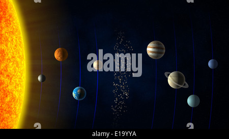 Sistema solare - il sole, i pianeti e la fascia di asteroidi Foto Stock