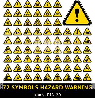 72 triangolare simboli di pericolo. Grande set di giallo Illustrazione Vettoriale