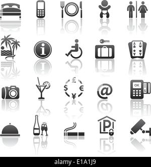 Pittogrammi servizi dell'hotel. Set di icone motel servizi. La riflessione di grigio Illustrazione Vettoriale