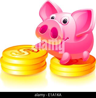 Rosa salvadanaio con monete d oro Illustrazione Vettoriale