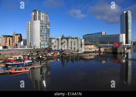 Regno Unito e Irlanda del Nord, Belfast, Laganside, Lagan Weir, skyline, Foto Stock