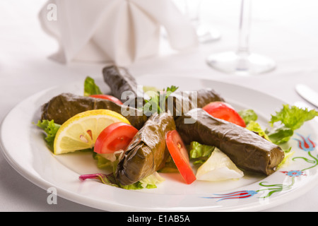 Stile turco dolmas disposte con la fetta di pomodoro, limone e lattuga Foto Stock