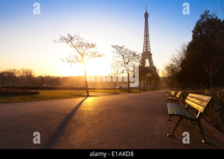 Park a Parigi vicino a Torre Eiffel la mattina presto, Francia Foto Stock