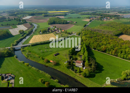 Vista aerea, Hotel-Restaurant Zur Rauschenburg sul fiume Lippe, Lippeauen, Olfen, Münsterland, Renania settentrionale-Vestfalia Foto Stock