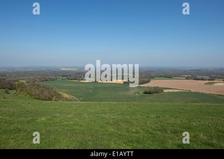 Campagna del West Berkshire e terreni agricoli dal downland vicino a Combe in una bella giornata primaverile Foto Stock