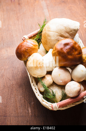 Il CEPS nel cesto preparato per la cottura sul tavolo Foto Stock