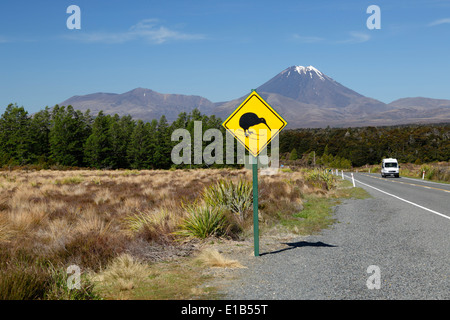 Camper sotto il monte Ngauruhoe con Kiwi segno di attraversamento Foto Stock