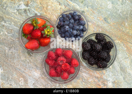 Vista aerea di una selezione di diversi frutti di bosco freschi in vasetti di vetro compresi succulenti fragole mature, more, blueb Foto Stock