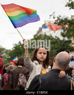 Parigi, Francia. Il 29 maggio 2014. Protesta contro il Front National: centinaia di persone hanno preso parte alla manifestazione organizzata a Parigi, Francia, giovedì 29 maggio, 2014. Per la prima volta nella storia di Francia un partito di estrema destra Marine Le Pen del Fronte Nazionale (FN), ha vinto le elezioni per il Parlamento europeo con il 25 per cento dei voti Credito: Cecilia Colussi/Alamy Live News Foto Stock