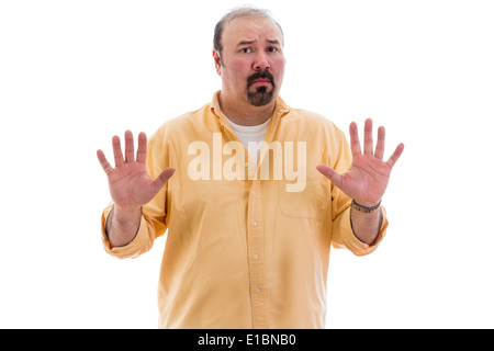 Turbare l uomo custodire la sua privacy le mani alzate in un arresto o di fermare il gesto che indica che egli ha avuto abbastanza, parte di una serie sulla Foto Stock