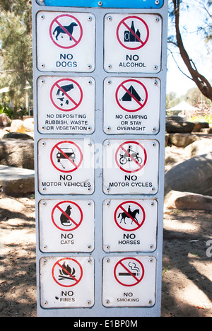 Digital Signage che mostra le cose proibite e azioni in un parco in Narrabeen, Sydney, Australia Foto Stock