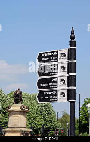 Canal chilometraggio palina con il memoriale di Gower alla parte posteriore, Stratford-Upon-Avon, Warwickshire, Inghilterra, l'Europa occidentale. Foto Stock