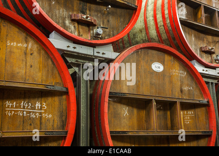 Botti di rovere a Brouwerij Boon, birreria belga a Lembeek vicino a Bruxelles, produttore di Geuze e Kriek birra Foto Stock