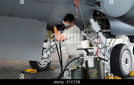 Stati Uniti Air Force Senior Airman Chris Mitchell effettua servizio di olio su di un F-16 Fighting Falcon aeromobile in tra i voli per il rosso Foto Stock