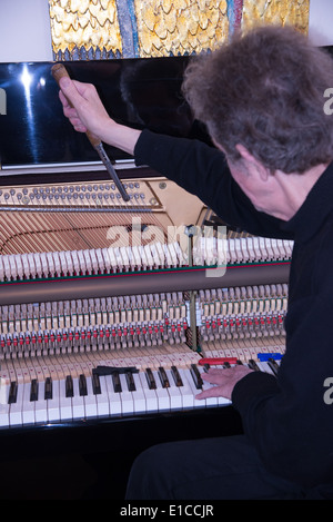 Tuner sul lavoro con cricchetto sul pianoforte Foto Stock