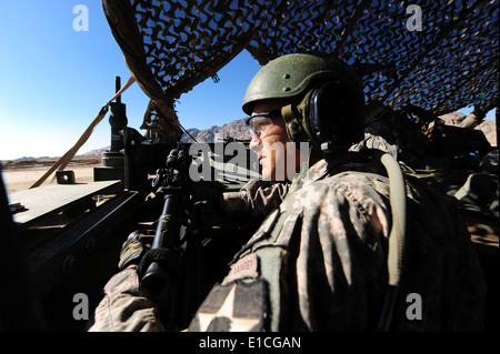 Stati Uniti Esercito Capt. Patrick Mitchell, con 8° Stormo, 1° reggimento di cavalleria, fornisce la sicurezza dall'interno di un Stryker armored vei Foto Stock