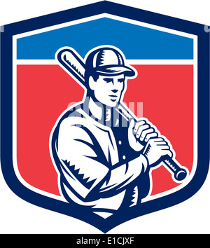 Illustrazione di un american giocatore di baseball della pastella hitter azienda bat sul set di spallamento interno crest scudo fatto in stile retrò su Foto Stock