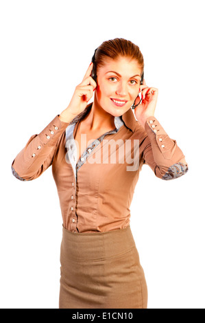 Sorridente call center consultant in studio Foto Stock