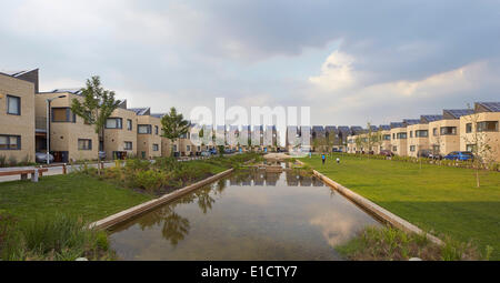 Barking Riverside Housing Development, Barking, Regno Unito. Architetto: Sheppard Robson, 2014. Giardino condominiale con creek e Foto Stock