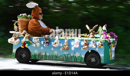 Rauen, Germania. 31 Maggio, 2014. Vestito come estere Bunny Claus Armin gare di soapbox durante la soapbox car gara in Rauen, Germania, 31 maggio 2014. Più di cinquanta partecipanti prendono parte alla gravità racer gara. Foto: Patrick Pleul/dpa/Alamy Live News Foto Stock