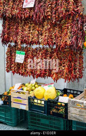 Stringhe di peperoncini secchi, limoni e altra frutta in vendita in Amalfi, Italia Foto Stock