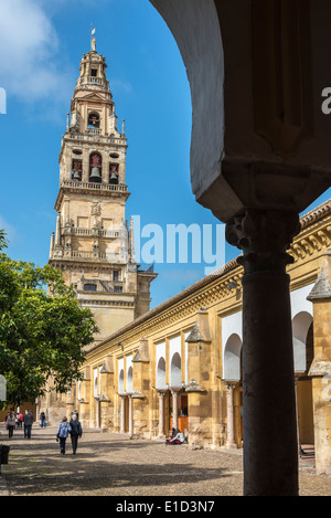 L'Alminar Tower, una volta che il minareto della Grande Moschea (La Mezquita), Patio de los Naranjas (la corte arancione), Cordoba, Spagna Foto Stock