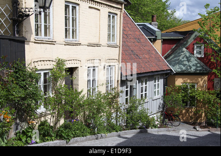 Vecchie case in legno nel quartiere Damstredet di Oslo Foto Stock