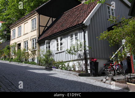 Vecchie case in legno nel quartiere Damstredet di Oslo Foto Stock