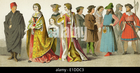 Spagnolo a 1400s: Henry IV, Princess e attendant, cavaliere, princess, Ferdinando il Cattolico, tre notabili, cavaliere, soldato. Foto Stock