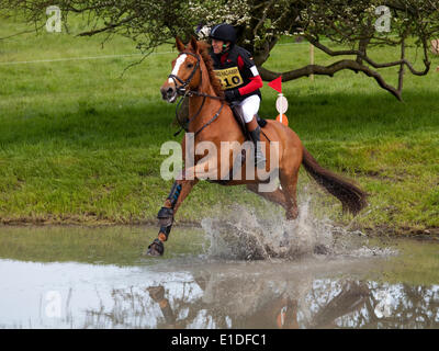 Belsay, Inghilterra - 31 Maggio 2014: un concorrente nel cross country sezione preleva l'acqua splash durante il 2014 Belsay Horse Trials, svoltasi per il secondo anno consecutivo nel parco del castello di Belsay in Northumberland, Inghilterra. Il castello di Belsay è gestito da English Heritage ed è aperto al pubblico tutto l'anno. Foto Stock