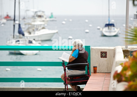 Senior donna si siede sul suo aiuto a piedi sul lungomare la lettura di un libro, Avalon, Isola di Santa Catalina, California. Foto Stock