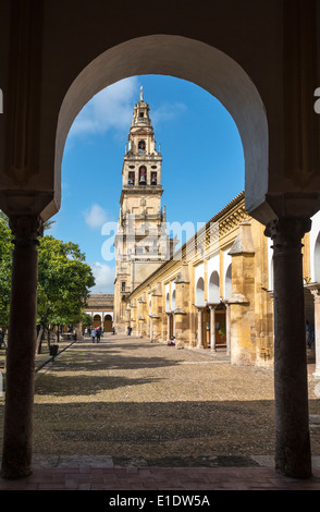 L'Alminar Tower, una volta che il minareto della Grande Moschea (La Mezquita), Patio de los Naranjas (la corte arancione), Cordoba, Spagna Foto Stock