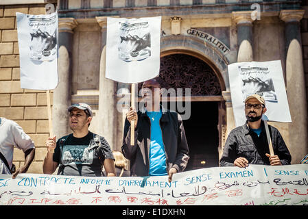 Barcellona, Spagna. 1 giugno 2014: manifestanti dietro di loro banner azienda cartelloni chiamata per una riforma dell immigrazione in Barcellona Credito: matthi/Alamy Live News Foto Stock