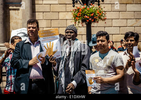 Barcellona, Spagna. 1 giugno 2014: manifestanti sostengono il loro cartelloni chiedere per documenti di immigrazione in Barcellona Credito: matthi/Alamy Live News Foto Stock