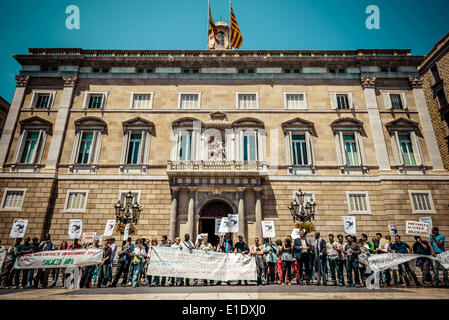 Barcellona, Spagna. 1 giugno 2014: manifestanti dietro di loro banner chiedere la riforma dell immigrazione nella parte anteriore del Governo Catalano a Barcellona Credito: matthi/Alamy Live News Foto Stock