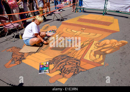 Denver, Colorado. Il 1 giugno, 2014. Julie Kirk-Purcell mette i tocchi di rifinitura sul suo chalk murale sulla seconda giornata del 2014 Denver Chalk Festival dell'arte. Credit: Ed EndicottAlamy Live News Foto Stock