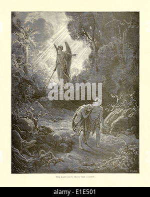 La cacciata dal giardino di Eden - illustrazione di Paul Gustave Doré (1832-1883) dal 1880 edizione della Bibbia. Vedere la descrizione per maggiori informazioni. Foto Stock