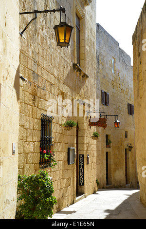 Strette strade medievali, Mdina (Città Vecchia), Western District, Malta Majjistral Regione, Repubblica di Malta Foto Stock