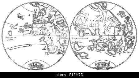 Martin Behaim, occidentale e orientale emisfero del suo mondo fatto di Norimberga nel 1492, Foto Stock